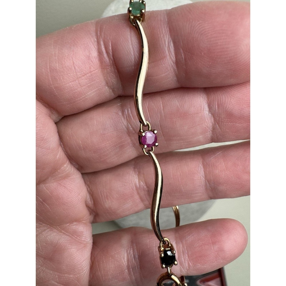 Yellow Gold Vermeil 925 Bracelet Wave Panel Multicolor Gemstone 7.25" Tennis - Picture 10 of 14